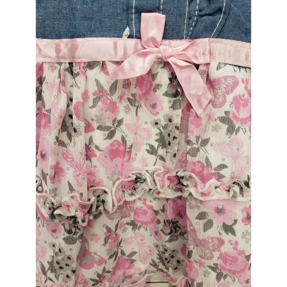 DDG‎ Darling 12 months 2 piece outfit floral denim top pink leggings tights